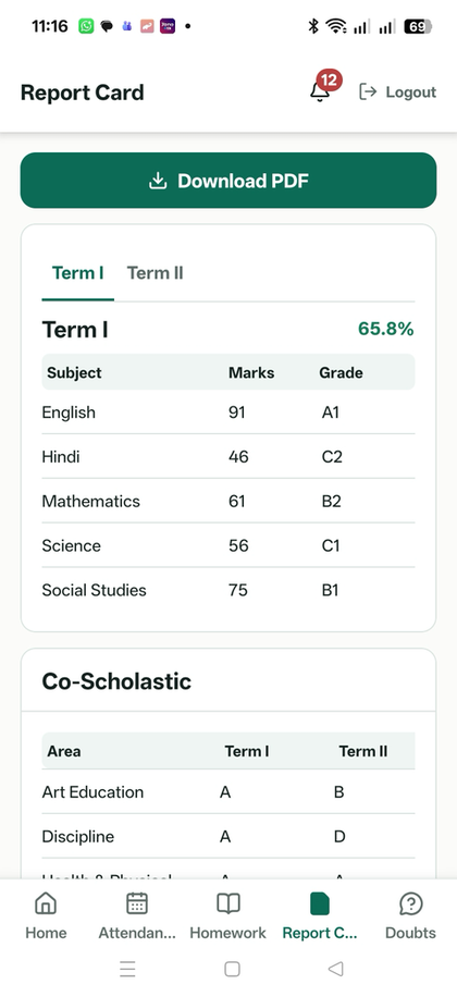Zelarium mobile app — Report Card screen with Term I / Term II tabs and co-scholastic grades
